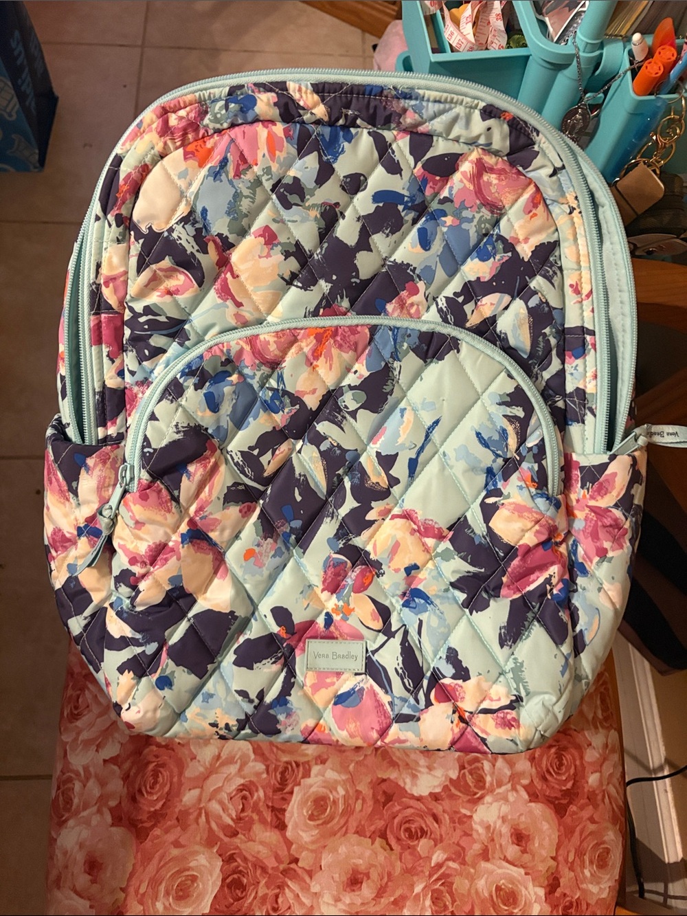 Vera Bradley Quilted Floral Backpack - Light Blue, Navy, Pink